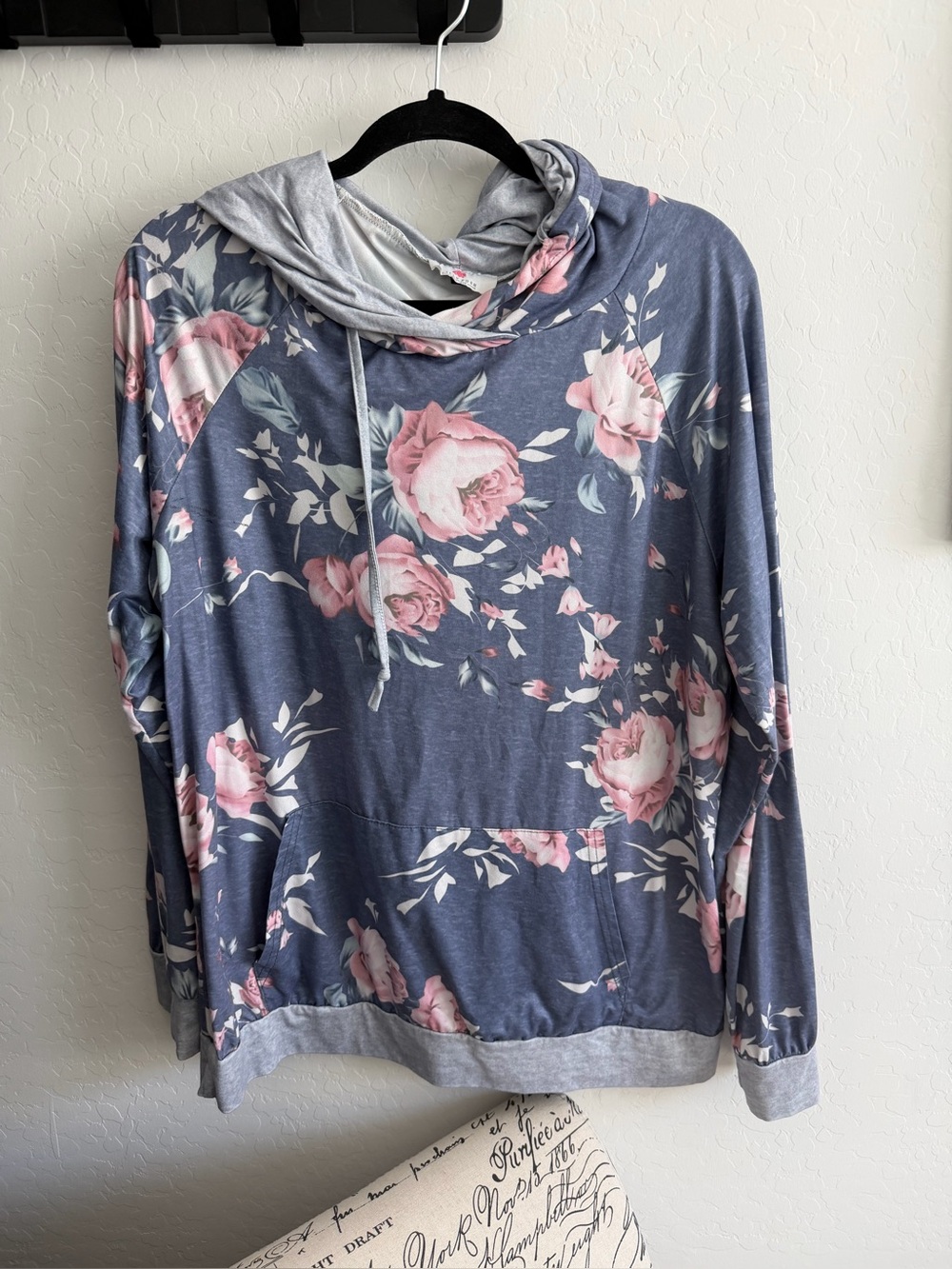 Blue lightweight hoodie with Light Pink and White flowers